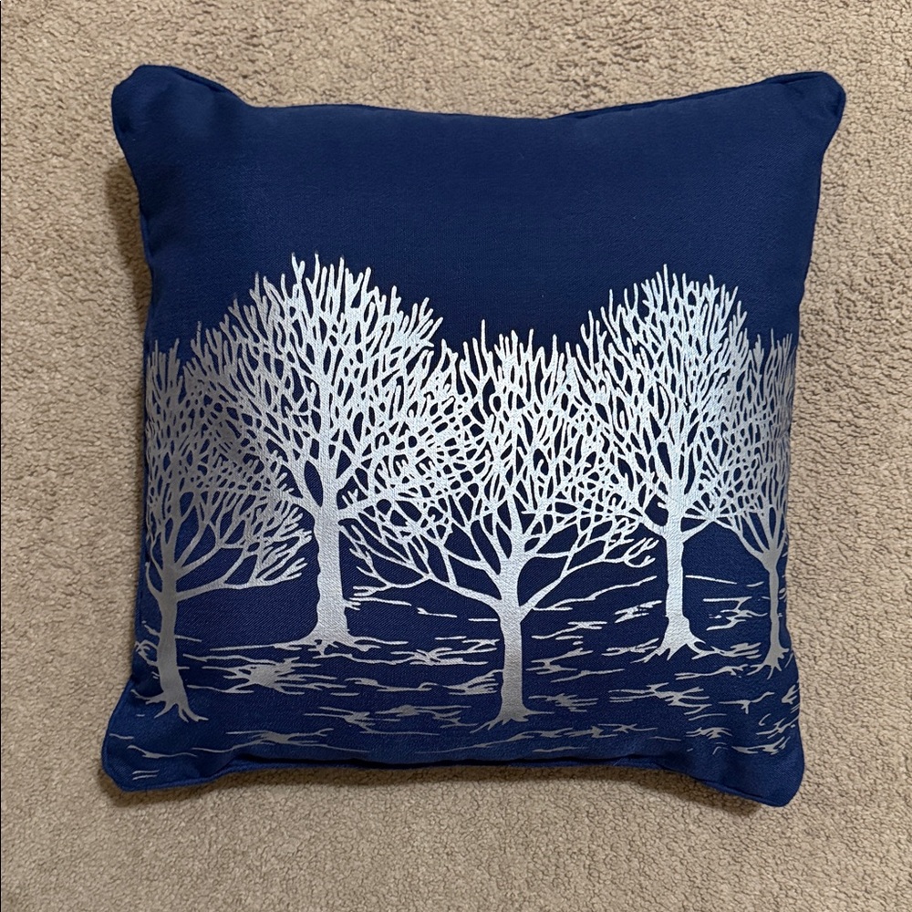 Blue Pillow with Silver Tree Design